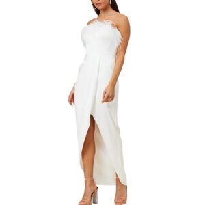 Aidan Mattox Strapless Feather Trim Faux Wrap Satin Dress